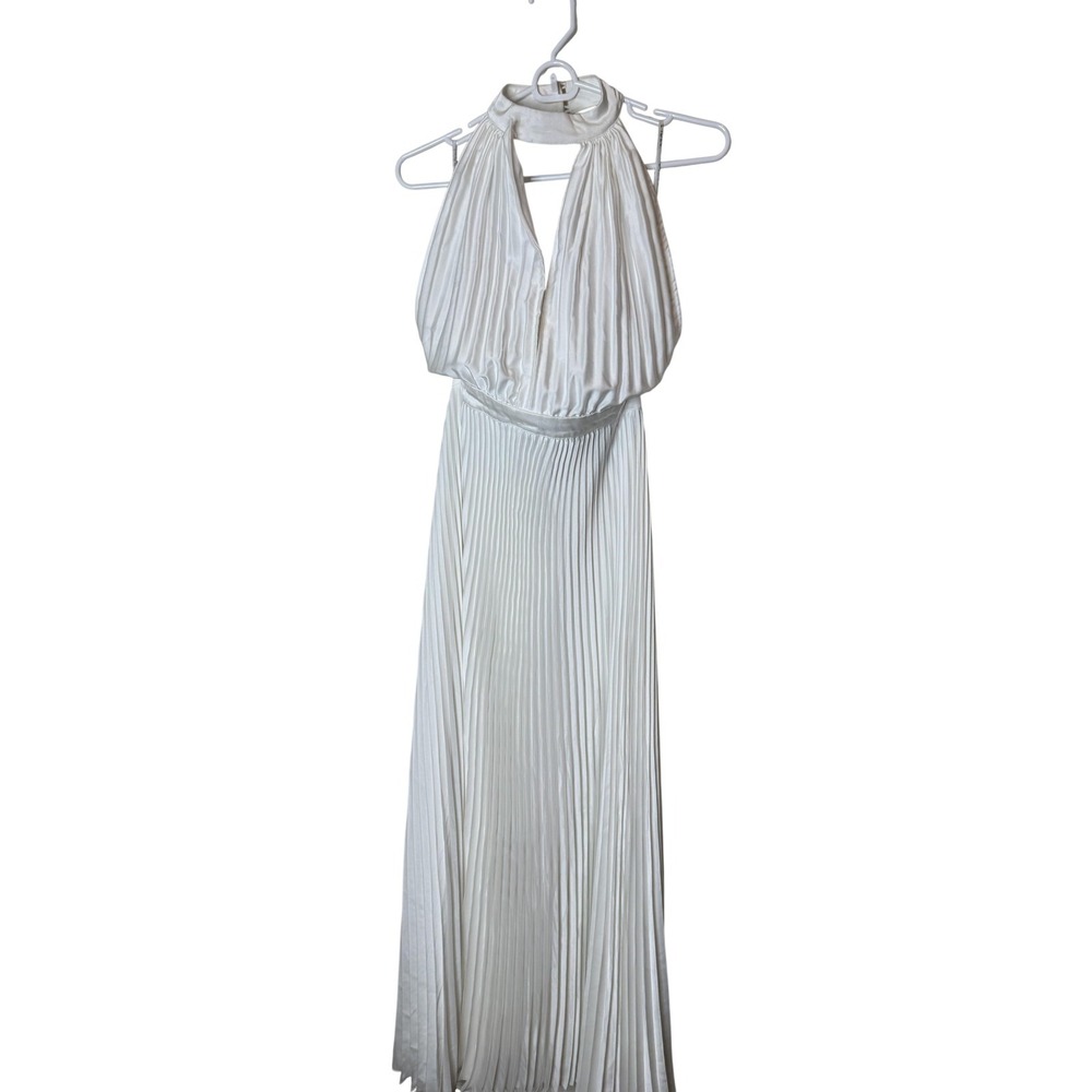 L'IDEE Dress Womens Medium White Pleated Halter Maxi Blouson Gown Satin Wedding
